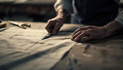 Close up of a carpenter's hands cutting fabric with a knife.