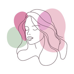 Aesthetic Beautiful Girl Face Hand Drawn Sketch in Line Art Style with Purple Green Fill Color