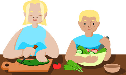 mother and son preparing salad together. vector illustration.