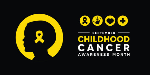 Childhood Cancer Awareness Month. Children, ribbon, hand, heart and plus icon. Great for cards, banners, posters, social media and more. Black background.