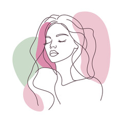 Aesthetic Beautiful Girl Face Hand Drawn Sketch in Line Art Style with Purple Green Fill Color