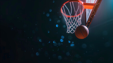 Basketball ball and hoop against dark background in sports arena