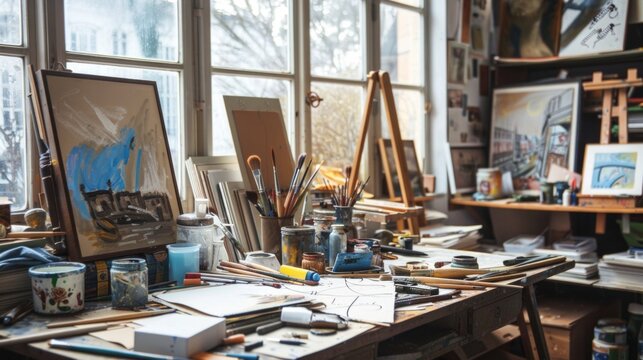 A creative artist's desk cluttered with paintbrushes, sketches, and various art supplies. The desk is in a bright studio filled with canvases, easels, and colorful artwork