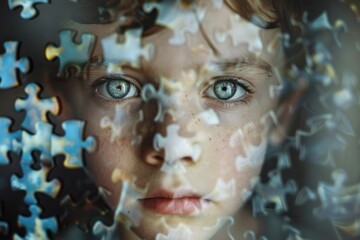 Close-up Portrait of a Young Person with Puzzle Pieces Overlaid