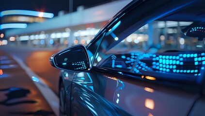 Autonomous Electric Car Drives Through City at Night with Neon Lights Reflecting