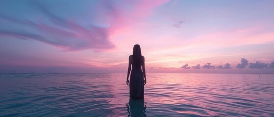 Silhouette of a woman standing in the ocean at sunset.