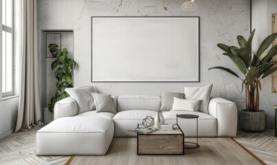Modern Minimalist Living Room Interior Design: Cozy Home Atmosphere with Cream-colored Sofa, Contemporary Architecture, and Elegant Wallpaper. Perfect for Interior Decor Inspiration, Architectural Con