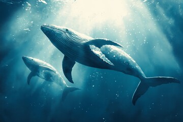 Obraz premium illustration of a majestic blue whale swimming gracefully in the deep blue ocean.