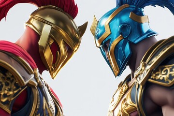 Two Warriors in Golden Armor and Helmets Facing Each Other