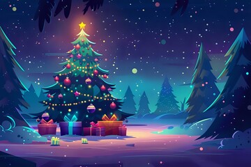 Christmas Tree Glows Bright in a Snowy Forest Clearing with Presents
