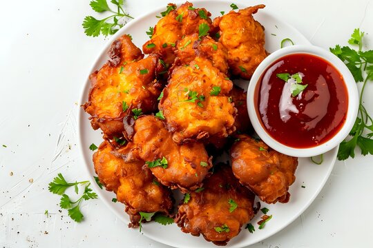 Crispy Fried Chicken Pakora Appetizer with Spicy Dipping Sauce and Cilantro