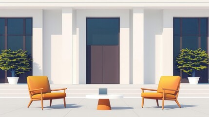 Fototapeta premium Library entrance with outdoor seating, flat design illustration