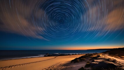 Surreal longexposure photograph of a night sky over  at the beach