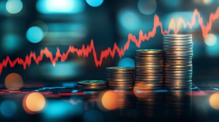 Businessman Drawing Upward Trending Graph with Coins and Financial Charts Symbolizing Business Growth and Market Trends. Hand Holding Pen Creating Curve, Emphasizing Wealth and Investment Success