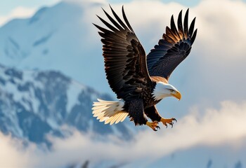 Obraz premium Bald Eagle Soaring Above Snowy Mountains