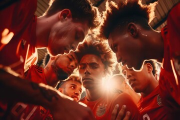 An inclusive sports team huddling together before a game, showing solidarity and diversity