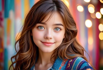 Obraz premium Portrait of a Young Girl with Long Brown Hair Smiling