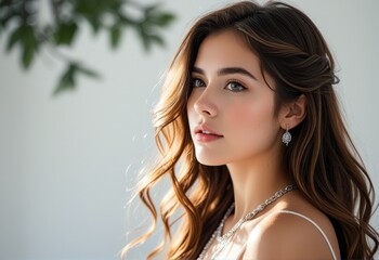 Fototapeta premium Beautiful Woman with Long Wavy Hair and Elegant Jewelry