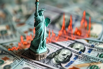 American economic crisis symbolized by statue of liberty, dollar bill, and falling graph
