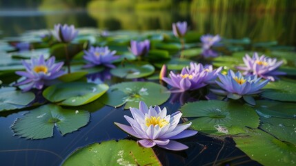 Water lilies float gracefully on ponds, creating serene, picturesque scenes.