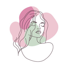 Aesthetic Beautiful Girl Face Hand Drawn Sketch in Line Art Style with Purple Green Fill Color