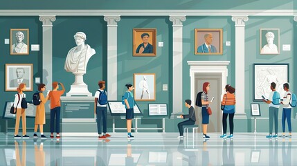 Educational field trip, students visiting museum, flat design illustration