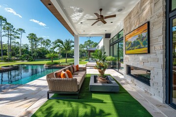 Obraz premium Elegant outdoor living area with green carpet and a pool, overlooking a golf course and beachfront in a luxury Miami Beach home. Colorful paintings above the fireplace add a touch of style. 