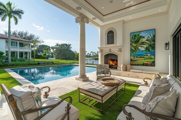 Fototapeta premium Elegant outdoor living area with green carpet and a pool, overlooking a golf course and beachfront in a luxury Miami Beach home. Colorful paintings above the fireplace add a touch of style. 