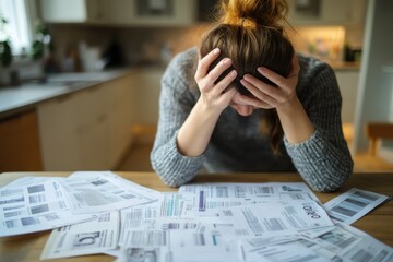 Woman Overwhelmed by a Pile of Bills