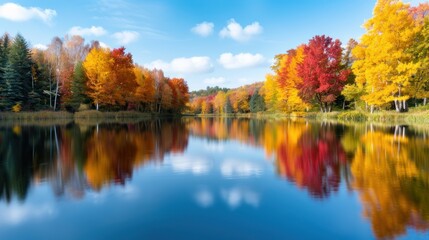 Fototapeta premium A park with a pond reflecting the colorful autumn trees