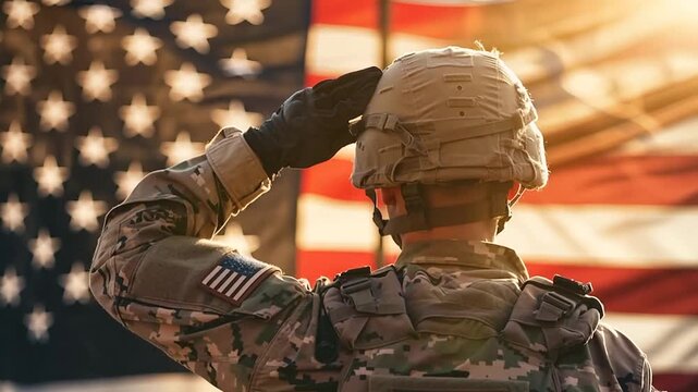Soldier saluting an American flag