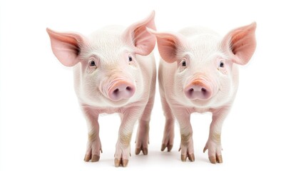 A pair of curious pigs standing side by side on a simple white background, displaying their playful nature and endearing features.