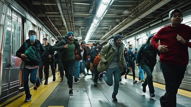 Subway riders people running away panicking 