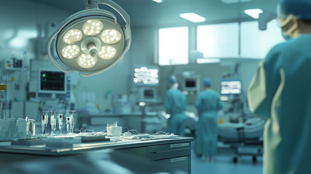 modern hospital hallway with smooth, shiny floors and stylish lighting fixtures. empty hospital rooms and operating rooms with latest life-saving equipment and bright and sunny and airy environment - Powered by Adobe