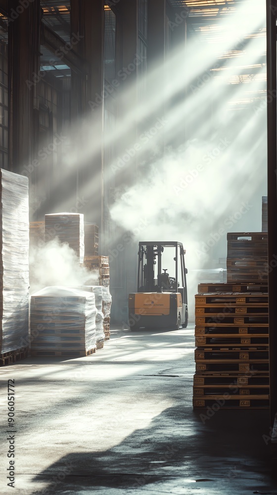 Poster forklift in a warehouse with stacks of pallets.