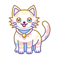 A cartoon illustration of a smiling, white cat with pastel pink and blue fur patterns and a gold collar