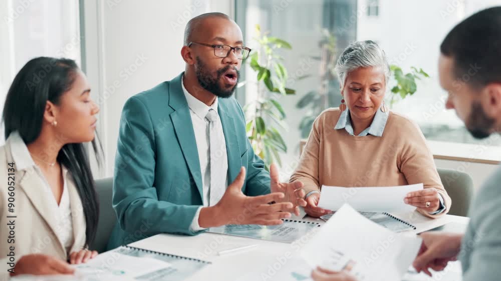 Poster Business people, documents and meeting with team for corporate growth, statistics or profit at office. Businessman talking to employees with paperwork in discussion for company analysis at workplace