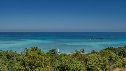 Amazing seascape. A sailboat, a tiny island, is visible in the boundless turquoise-aquamarine ocean. Lush tropical green vegetation in the foreground. Clear blue sky. Copy space. Madagascar. 