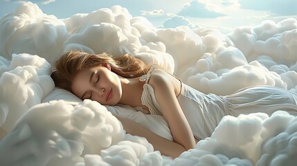 A breathtaking 4K image showcasing a woman sleeping soundly on a cloud, with stunning clarity and detail.
