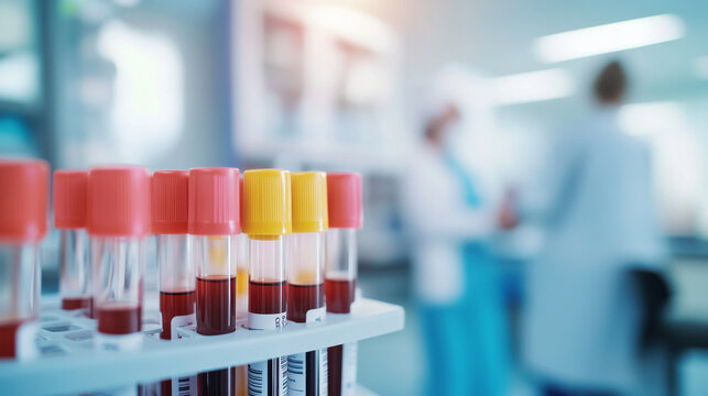 blood samples collected in the pathology department of the hospital, blood withdrawn and stored in a sterilized environment, glass containerfilled with blood for testing, blood testing 
