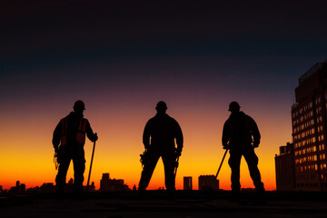 Engineer wearing protective cask looks at the construction site from top at sunset. Building cranes at backdrop. labor day concept.