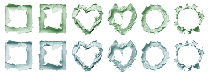 Set of pastel light green turquoise blue crumple crush scrunched paper heart love, circle round, square with hole tear torn in middle on transparent cutout PNG. Many different design. Mockup template