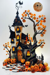 Fototapeta premium 3d Halloween Haunted spooky House with Pumpkins and Bats