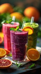 Collage of glasses with fresh delicious smoothie and straw on white background