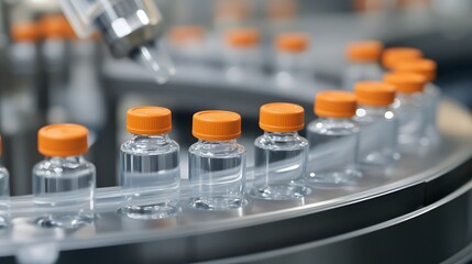Medication Manufacturing Process. Glass Vials with Orange Caps on Conveyor Belt. Medical Ampoule Production Line at Modern Pharmaceutical Factory. 