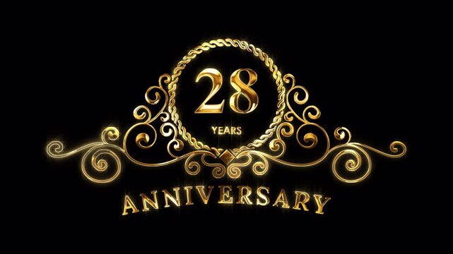 28th Anniversary Celebration. Happy 28 Years Anniversary Animation in Gold Color on the Transparent Background, Alpha Channel. Great for greetings, celebrations, events, and gifts.