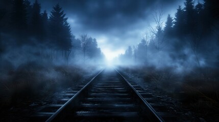 A spooky forest with abandoned, broken-down carriages and ghostly figures