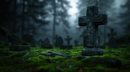A spooky forest with an ancient graveyard, crumbling tombstones, and ghostly apparitions