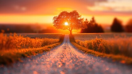 A sunrise over a quiet country road lined with trees in full autumn color