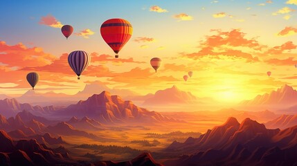 Obraz premium Sunrise with hot air balloons over a beautiful landscape, vibrant and dreamy, AI-enhanced, digital illustration, scenic travel destination